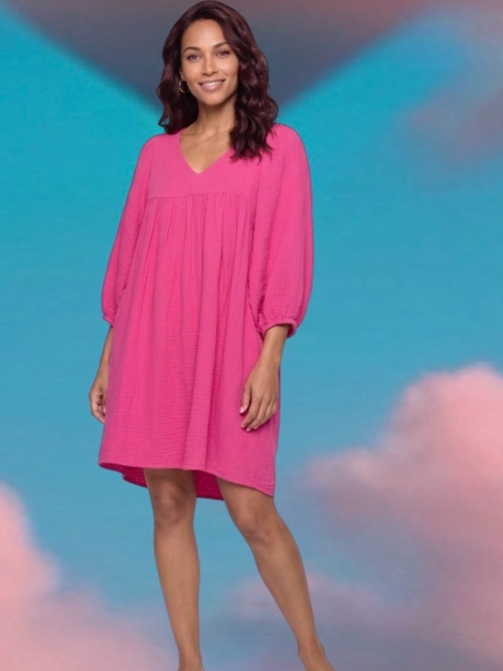 Fuchsia Short Sleeve Notch-Neck Shift Dress